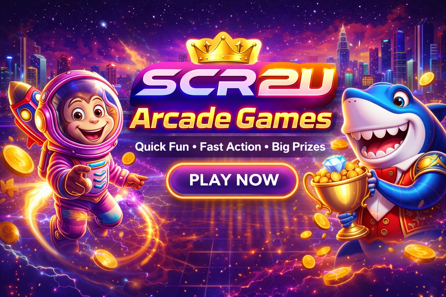 SCR2U arcade games banner with cartoon characters fast action mobile gaming Malaysia play now