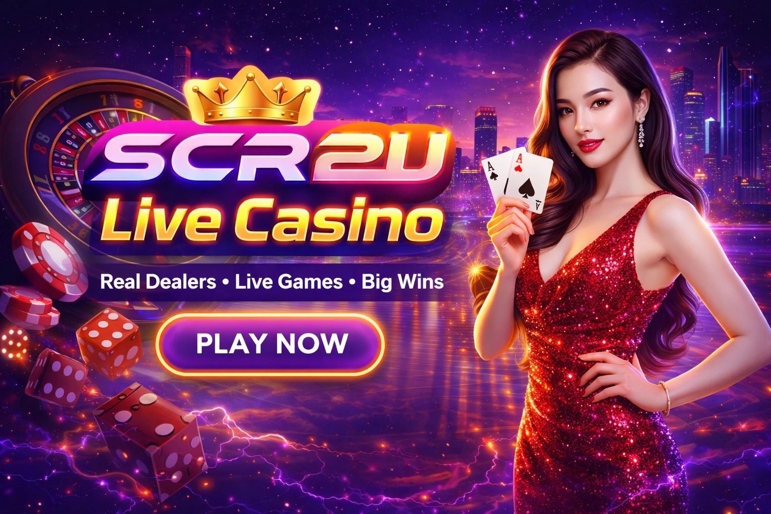 SCR2U live casino banner with real dealer cards dice and roulette Malaysia online casino play now