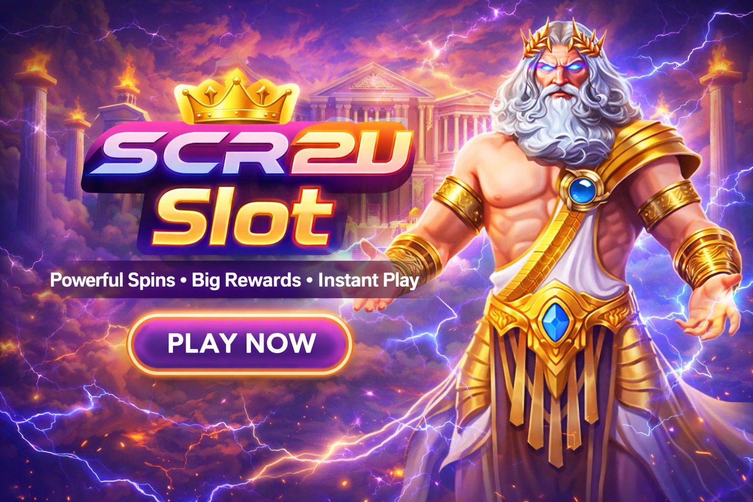 SCR2U slot banner with lightning god character powerful spins big rewards Malaysia slot games